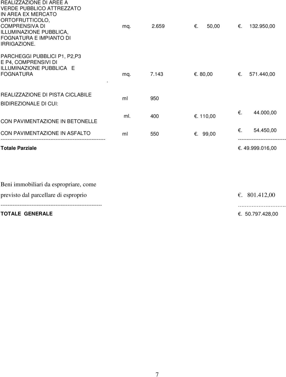 REALIZZAZIONE DI PISTA CICLABILE BIDIREZIONALE DI CUI: ml 950 CON PAVIMENTAZIONE IN BETONELLE ml. 400. 110,00. 44.