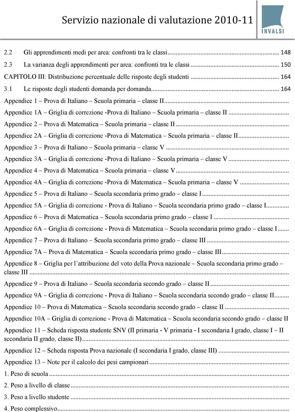 .. Appendice 1A Griglia di correzione -Prova di Italiano Scuola primaria classe II... Appendice 2 Prova di Matematica Scuola primaria classe II.