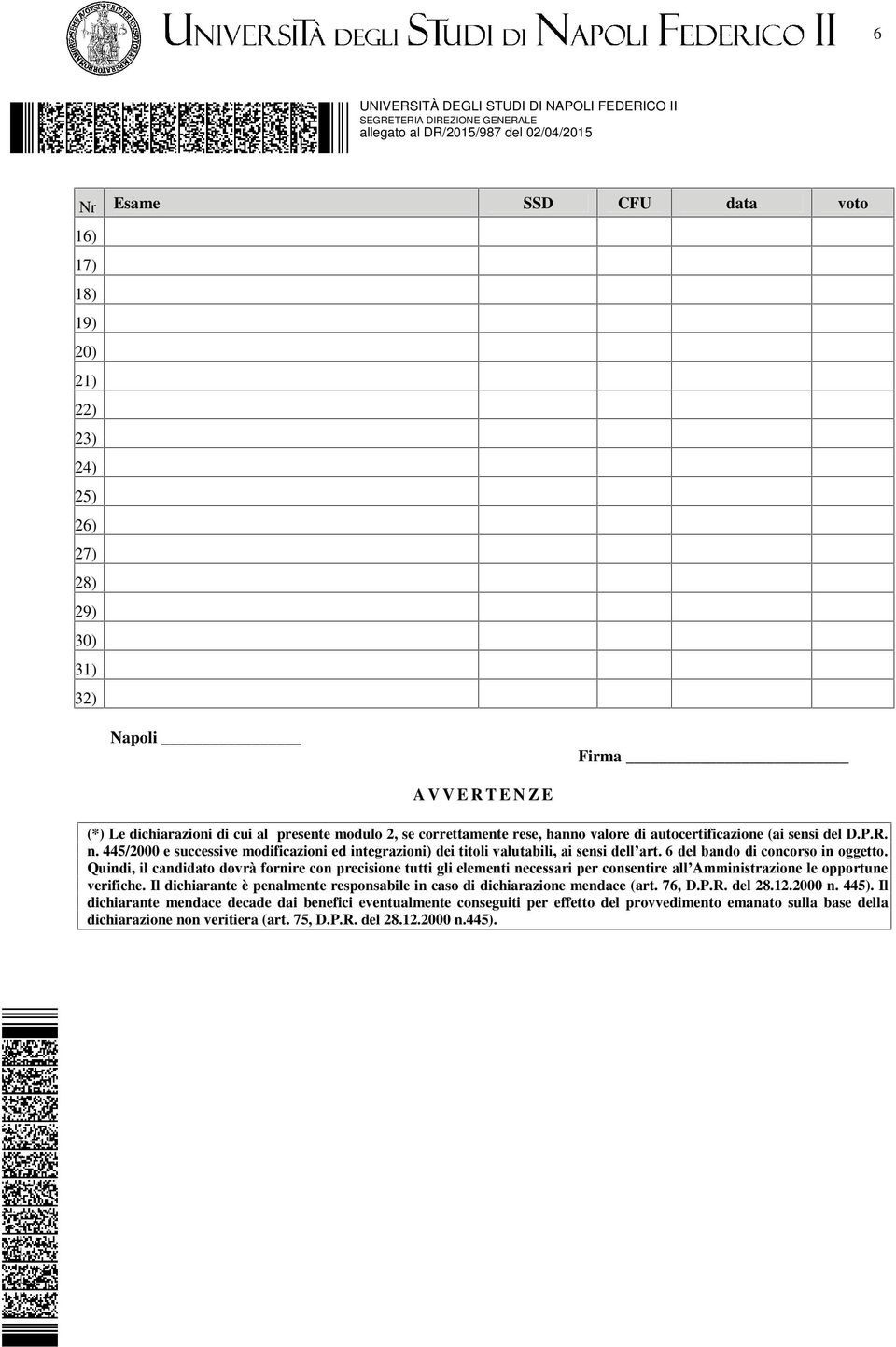 445/2000 e successive modificazioni ed integrazioni) dei titoli valutabili, ai sensi dell art. 6 del bando di concorso in oggetto.