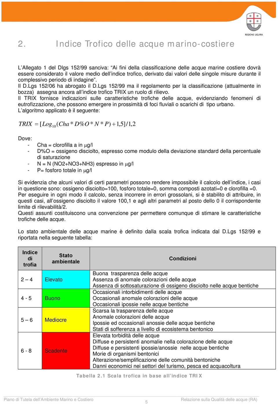 Lgs 152/99 ma il regolamento per la classificazione (attualmente in bozza) assegna ancora all indice trofico TRIX un ruolo di rilievo.