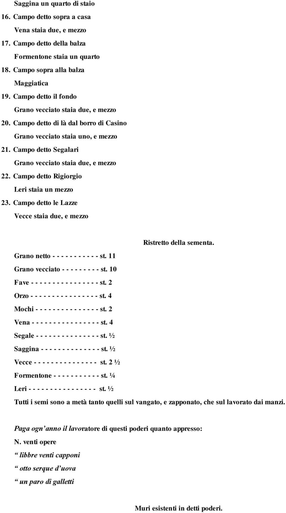 Campo detto Rigiorgio Leri staia un mezzo 23. Campo detto le Lazze Vecce staia due, e mezzo Ristretto della sementa. Grano netto - - - - - - - - - - - st. 11 Grano vecciato - - - - - - - - - st.