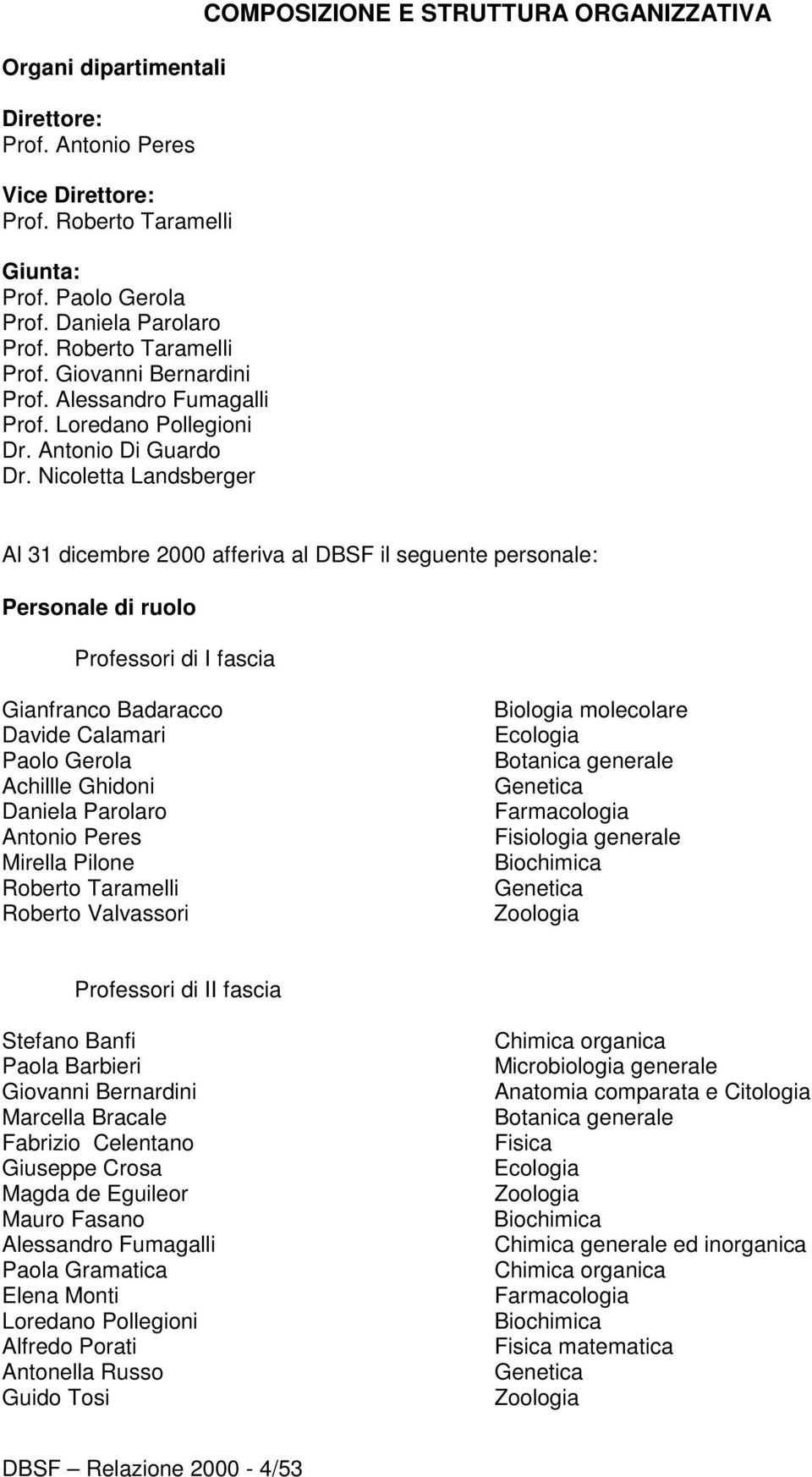 Nicoletta Landsberger COMPOSIZIONE E STRUTTURA ORGANIZZATIVA Al 31 dicembre 2000 afferiva al DBSF il seguente personale: Personale di ruolo Professori di I fascia Gianfranco Badaracco Davide Calamari