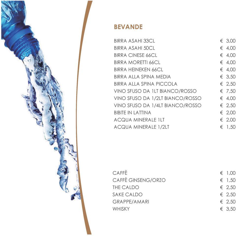 BIANCO/ROSSO BIBITE IN LATTINA ACQUA MINERALE 1LT ACQUA MINERALE 1/2LT 3,00 4,00 4,00 4,00 4,00 3,50 2,50 7,50 4,00