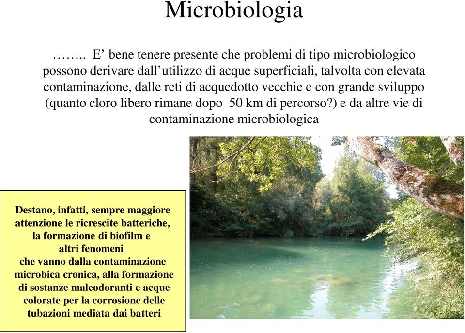 contaminazione, dalle reti di acquedotto vecchie e con grande sviluppo (quanto cloro libero rimane dopo 50 km di percorso?