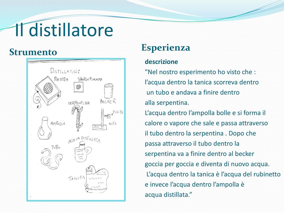 L acqua dentro l ampolla bolle e si forma il calore o vapore che sale e passa attraverso il tubo dentro la serpentina.