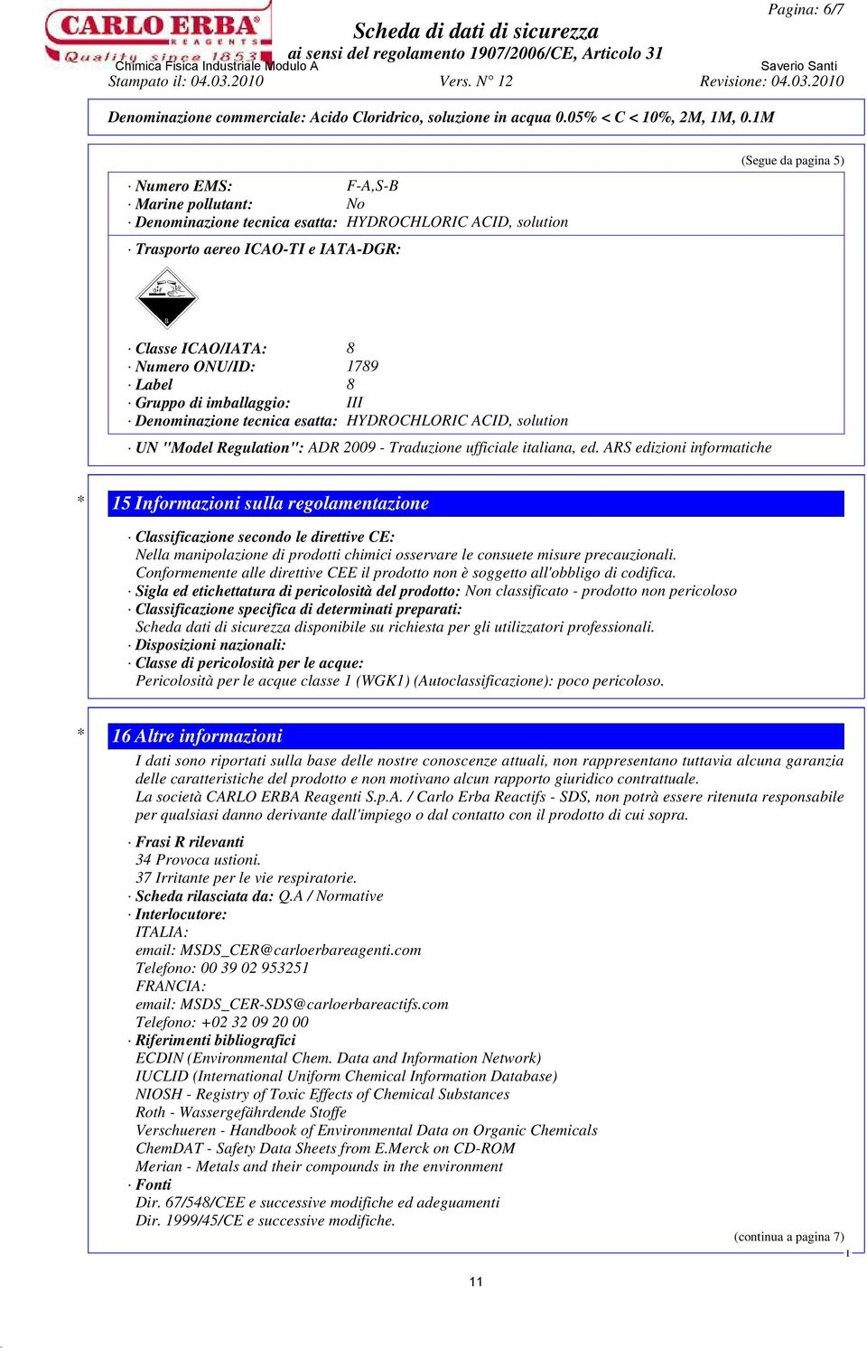 1M Numero EMS: F-A,S-B Marine pollutant: No Denominazione tecnica esatta: HYDROCHLORIC ACID, solution Trasporto aereo ICAO-TI e IATA-DGR: (Segue da pagina 5) Classe ICAO/IATA: 8 Numero ONU/ID: 1789