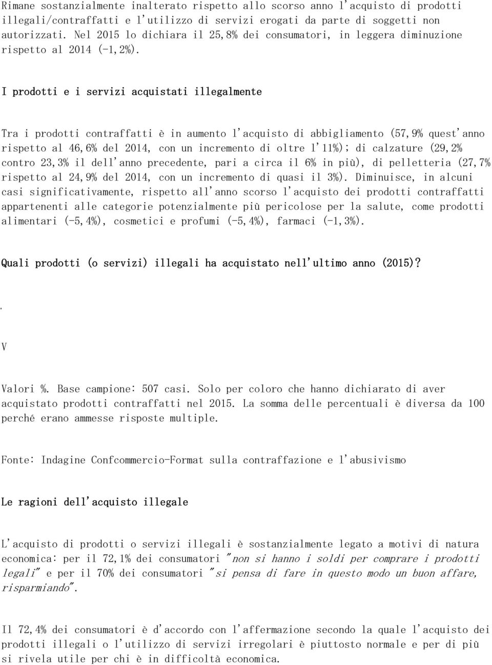 I prodotti e i servizi acquistati illegalmente Tra i prodotti contraffatti è in aumento l'acquisto di abbigliamento (57,9% quest'anno rispetto al 46,6% del 2014, con un incremento di oltre l'11%); di