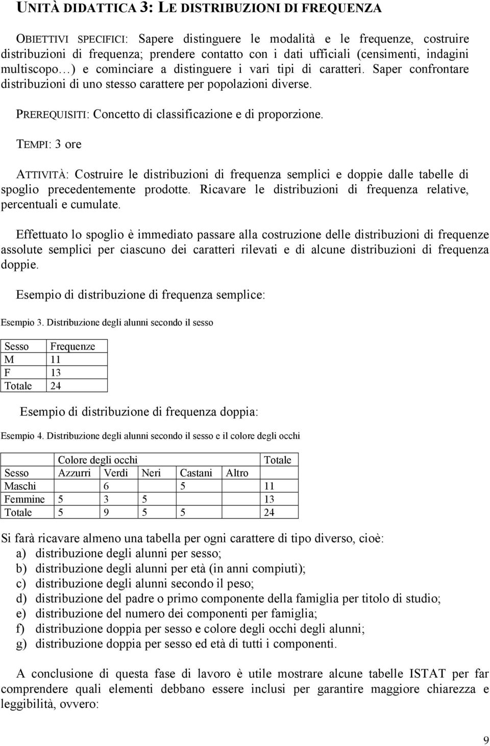 PREREQUISITI: Concetto di classificazione e di proporzione. TEMPI: 3 ore ATTIVITÀ: Costruire le distribuzioni di frequenza semplici e doppie dalle tabelle di spoglio precedentemente prodotte.