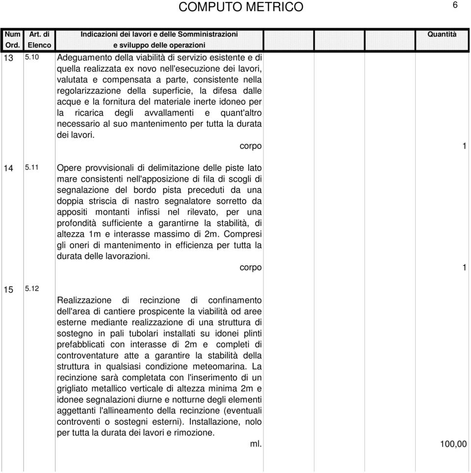 difesa dalle acque e la fornitura del materiale inerte idoneo per la ricarica degli avvallamenti e quant'altro necessario al suo mantenimento per tutta la durata dei lavori. corpo 1 14 5.