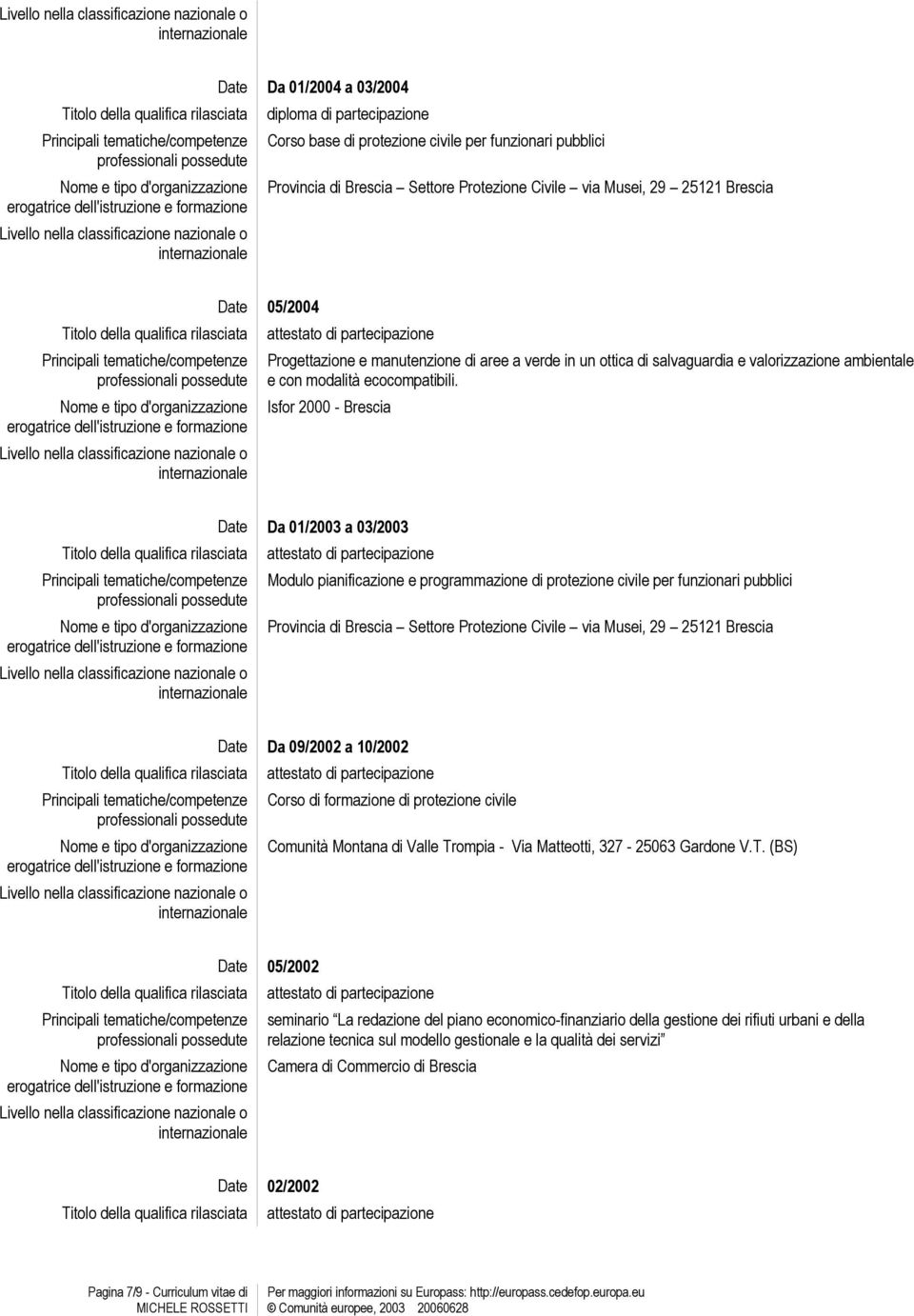 Isfor 2000 - Brescia Date Da 01/2003 a 03/2003 Modulo pianificazione e programmazione di protezione civile per funzionari pubblici Provincia di Brescia Settore Protezione Civile via Musei, 29 25121