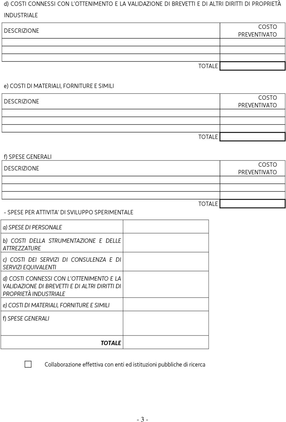 COSTI DEI SERVIZI DI CONSULENZA E DI SERVIZI EQUIVALENTI  SIMILI f) SPESE GENERALI Collaborazione effettiva con enti ed istituzioni pubbliche di