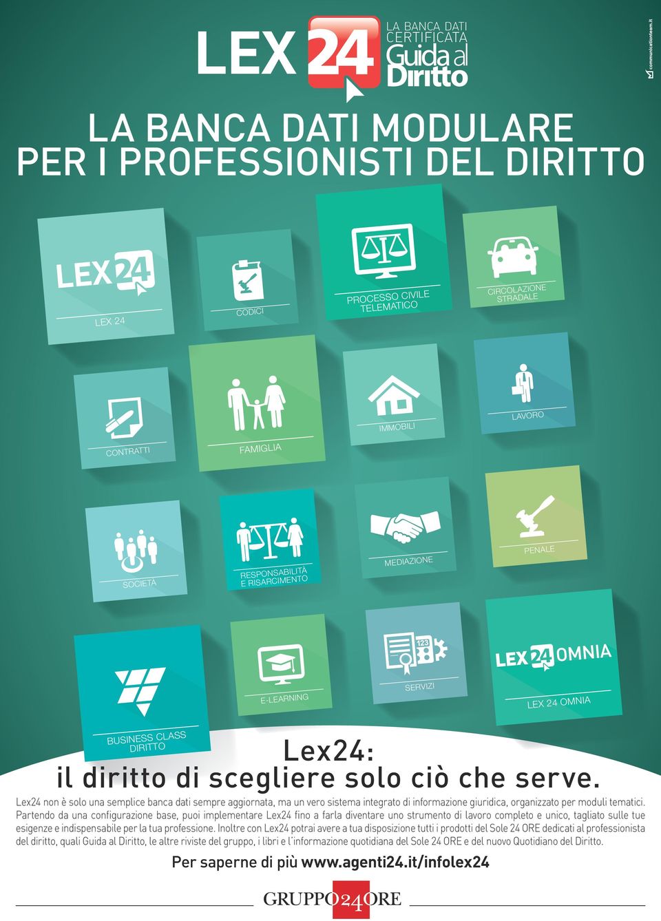 BUSINESS CLASS DIRITTO Lex24 non è solo una semplice banca dati sempre aggiornata, ma un vero sistema integrato di informazione giuridica, organizzato per moduli tematici.