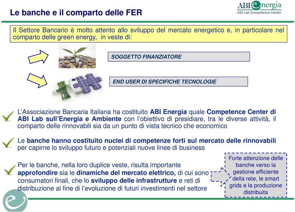 attività, il comparto delle rinnovabili sia da un punto di vista tecnico che economico Le banche hanno costituito nuclei di competenze forti sul mercato delle rinnovabili per capirne lo sviluppo