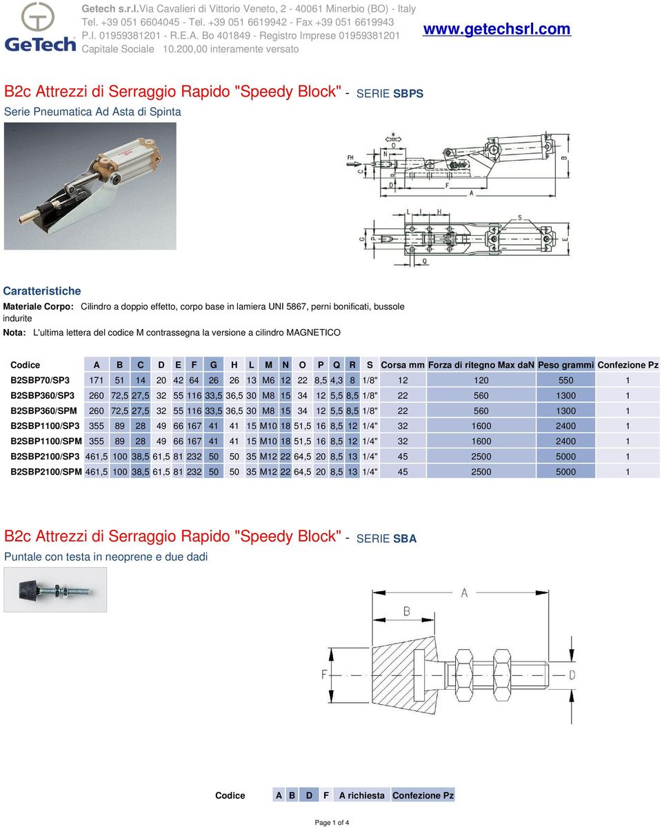 com B2c Attrezzi di Serraggio Rapido "Speedy Block" - SERIE SBPS Serie Pneumatica Ad Asta di Spinta Materiale Corpo: Cilindro a doppio effetto, corpo base in lamiera UNI 5867, perni bonificati,