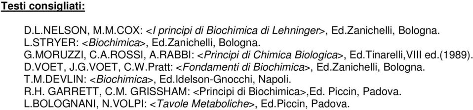 W.Pratt: <Fondamenti di Biochimica>, Ed.Zanichelli, Bologna. T.M.DEVLIN: <Biochimica>, Ed.Idelson-Gnocchi, Napoli. R.H.