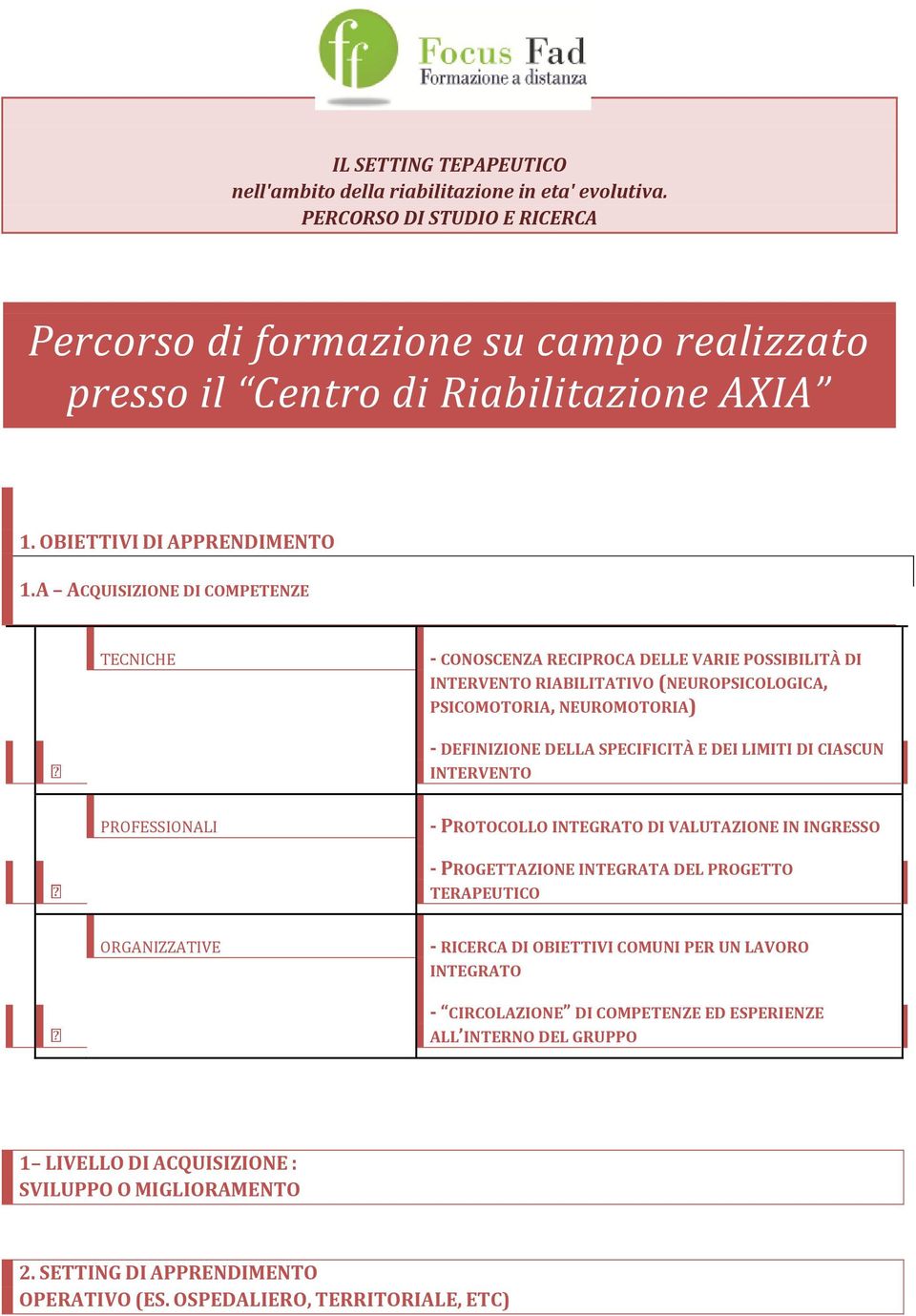 A ACQUISIZIONE DI COMPETENZE TECNICHE - CONOSCENZA RECIPROCA DELLE VARIE POSSIBILITÀ DI INTERVENTO RIABILITATIVO (NEUROPSICOLOGICA, PSICOMOTORIA, NEUROMOTORIA) - DEFINIZIONE DELLA SPECIFICITÀ E DEI