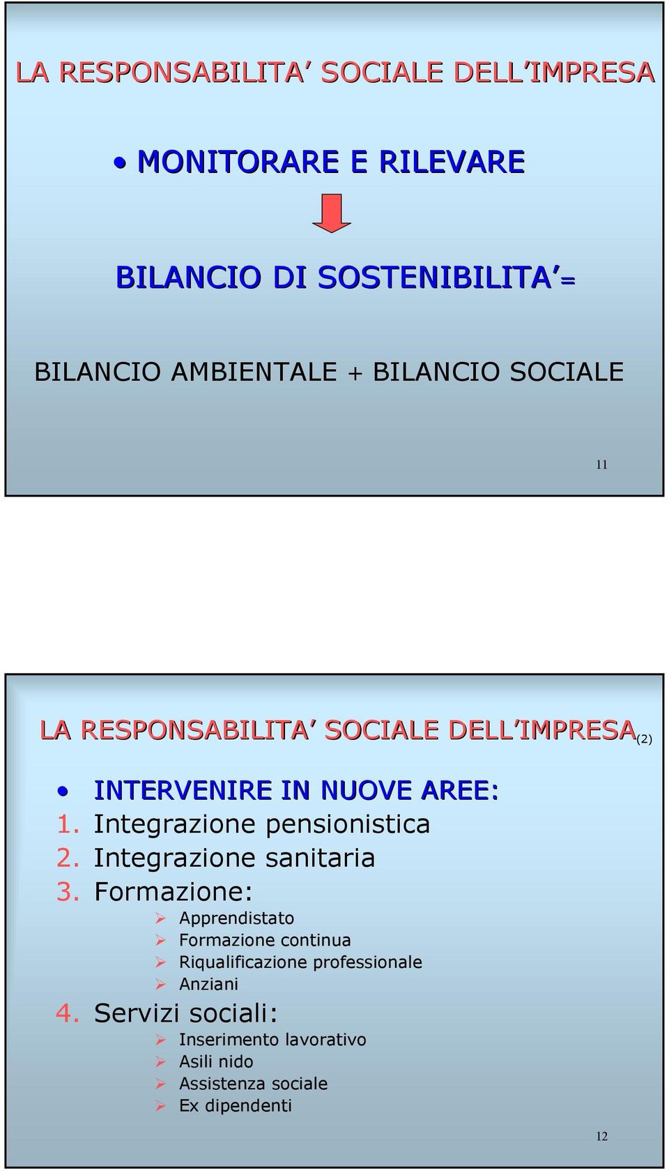 AREE: 1. Integrazione pensionistica 2. Integrazione sanitaria 3.