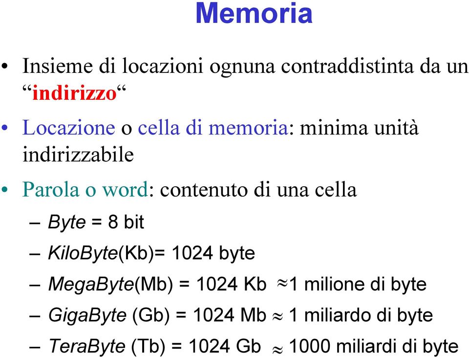 Byte = 8 bit KiloByte(Kb)= 1024 byte MegaByte(Mb) = 1024 Kb 1 milione di byte
