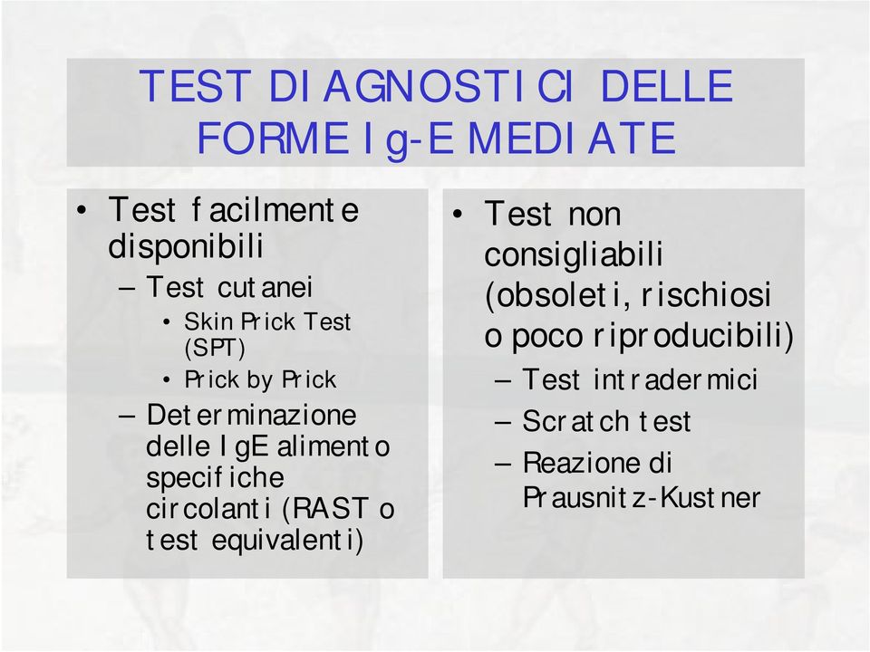 specifiche circolanti (RAST o test equivalenti) Test non consigliabili (obsoleti,