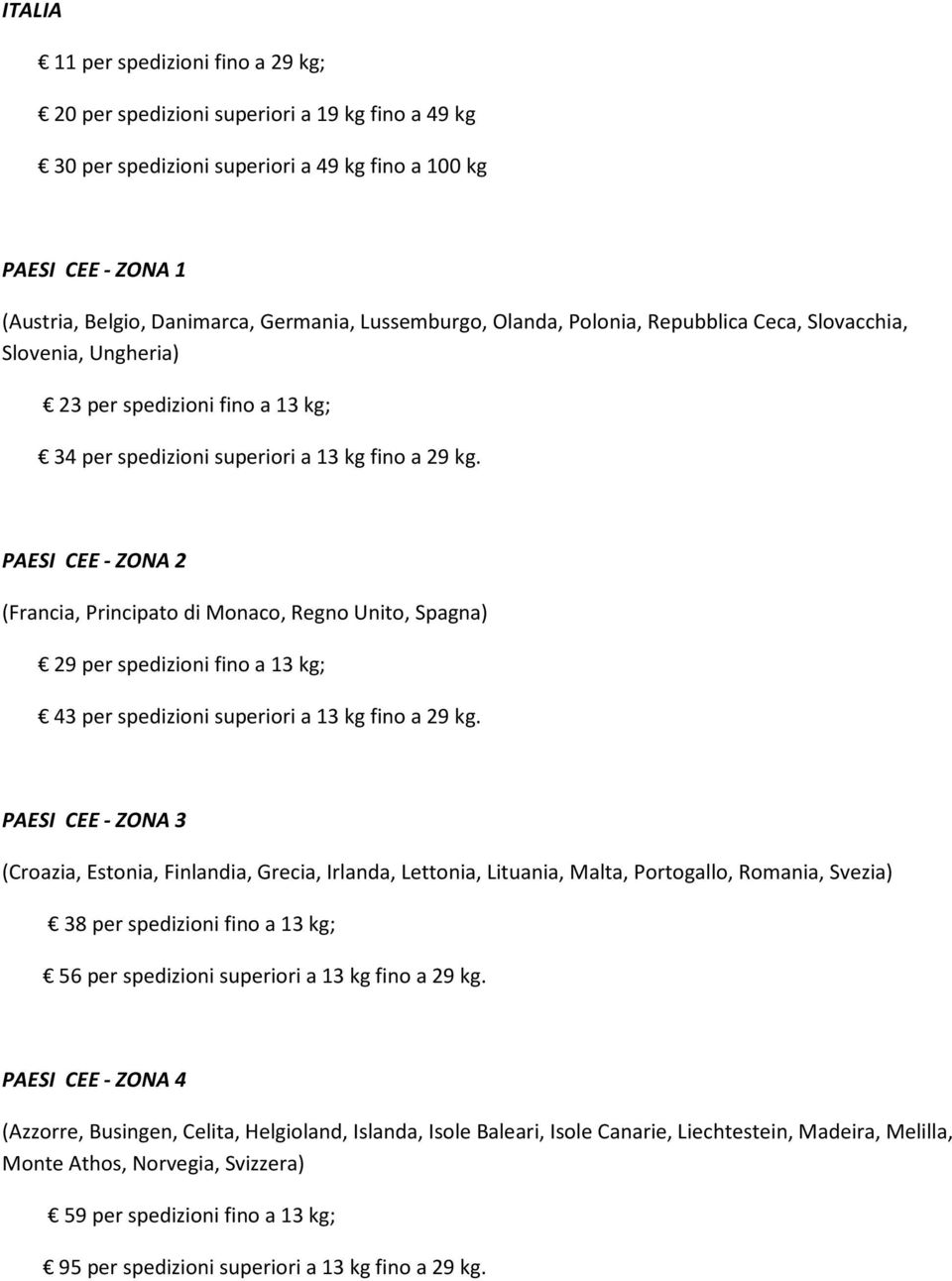 PAESI CEE - ZONA 2 (Francia, Principato di Monaco, Regno Unito, Spagna) 29 per spedizioni fino a 13 kg; 43 per spedizioni superiori a 13 kg fino a 29 kg.