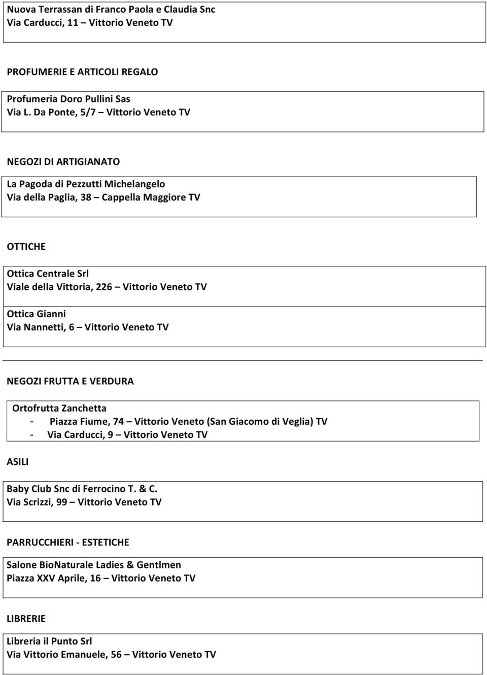 Veneto TV Ottica Gianni Via Nannetti, 6 Vittorio Veneto TV NEGOZI FRUTTA E VERDURA Ortofrutta Zanchetta - Piazza Fiume, 74 Vittorio Veneto (San Giacomo di Veglia) TV - Via Carducci, 9 Vittorio Veneto