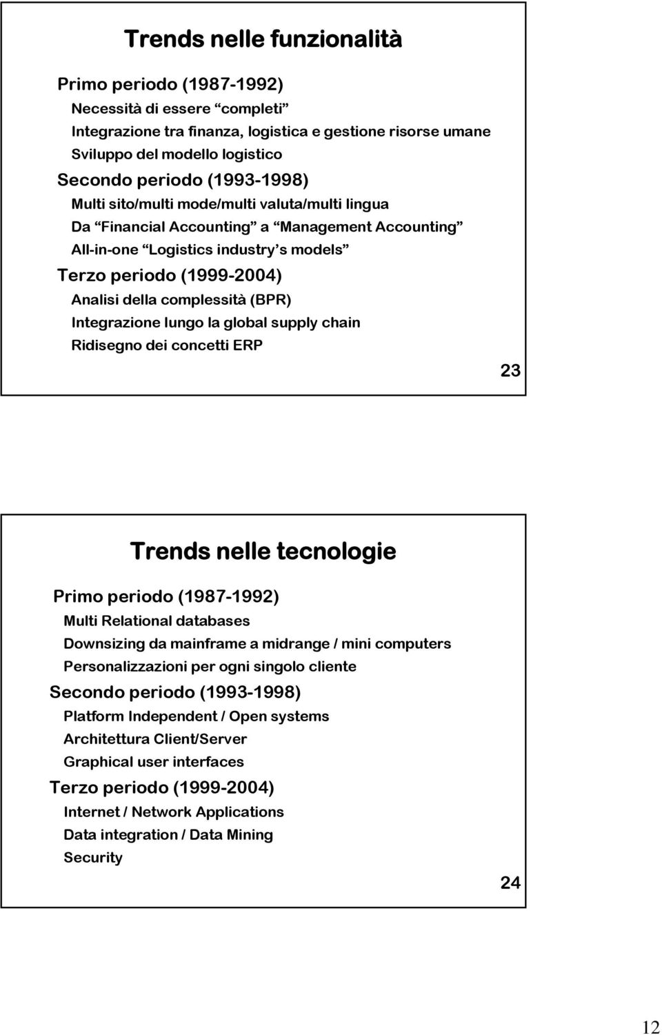 (BPR) Integrazione lungo la global supply chain Ridisegno dei concetti ERP 23 Trends nelle tecnologie Primo periodo (1987-1992) Multi Relational databases Downsizing da mainframe a midrange / mini