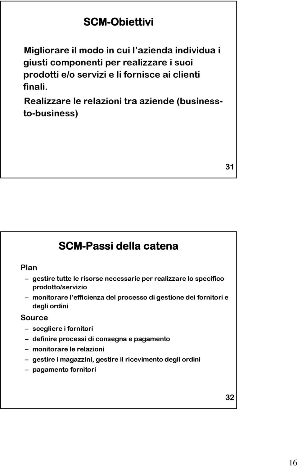 Realizzare le relazioni tra aziende (businessto-business) 31 SCM-Passi della catena Plan gestire tutte le risorse necessarie per realizzare lo