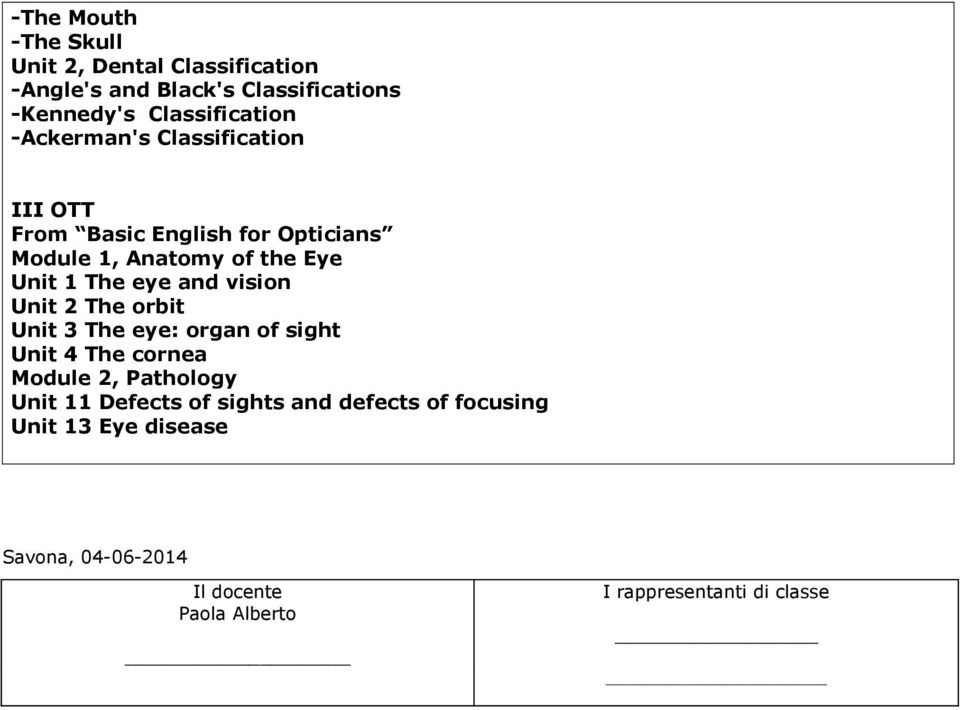 the Eye Unit 1 The eye and vision Unit 2 The orbit Unit 3 The eye: organ of sight Unit 4 The cornea