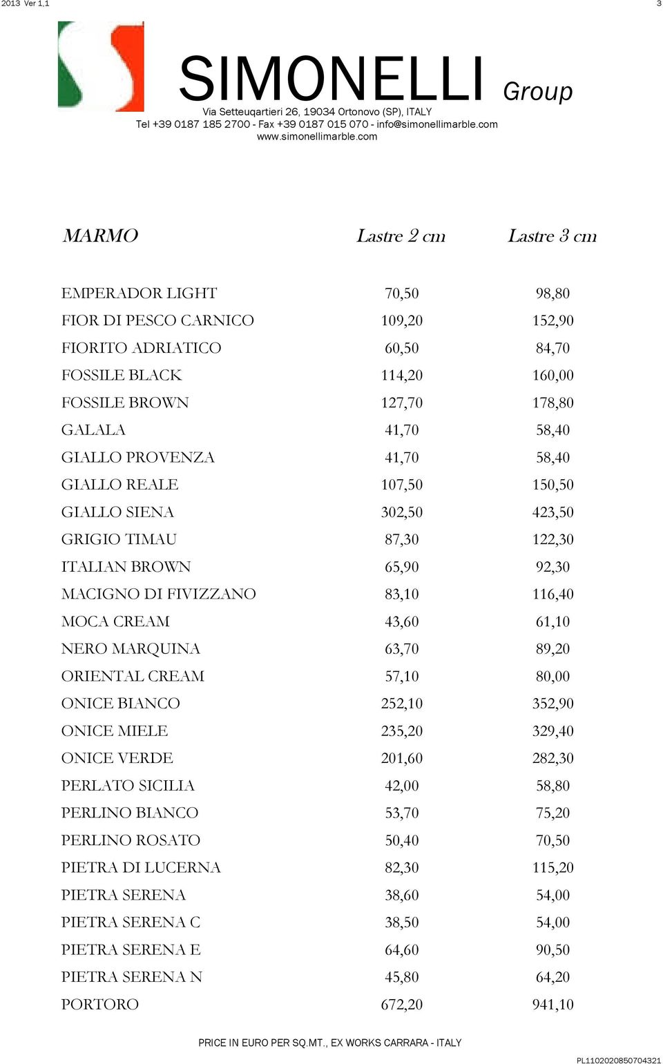 43,60 61,10 NERO MARQUINA 63,70 89,20 ORIENTAL CREAM 57,10 80,00 ONICE BIANCO 252,10 352,90 ONICE MIELE 235,20 329,40 ONICE VERDE 201,60 282,30 PERLATO SICILIA 42,00 58,80 PERLINO BIANCO 53,70 75,20