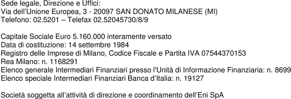 000 interamente versato Data di costituzione: 14 settembre 1984 Registro delle Imprese di Milano, Codice Fiscale e Partita IVA