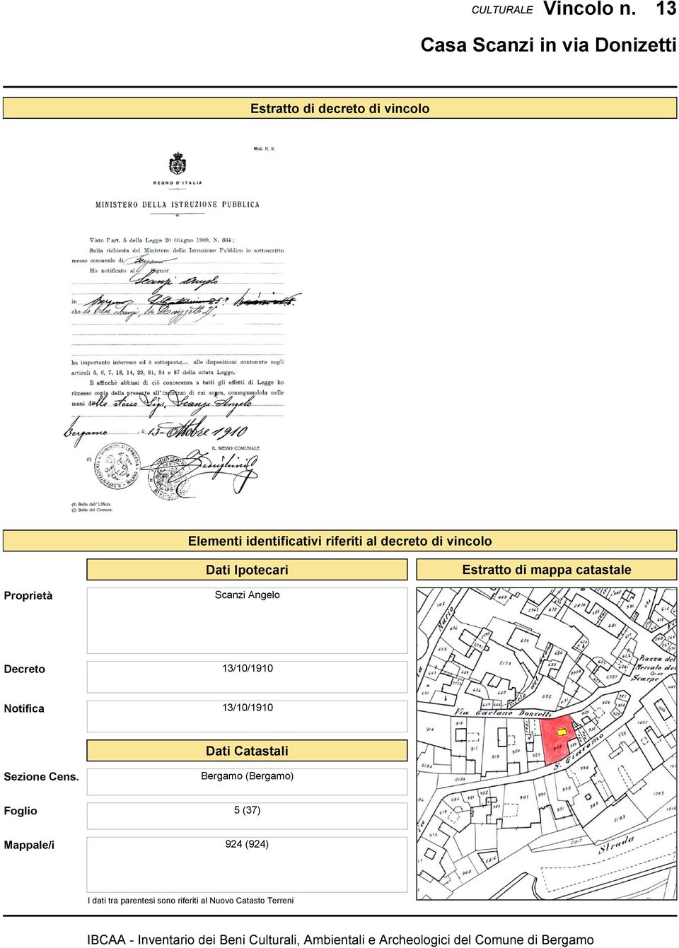 Dati Ipotecari Estratto di mappa catastale Proprietà Scanzi Angelo Decreto 13/10/1910 Notifica 13/10/1910 Dati