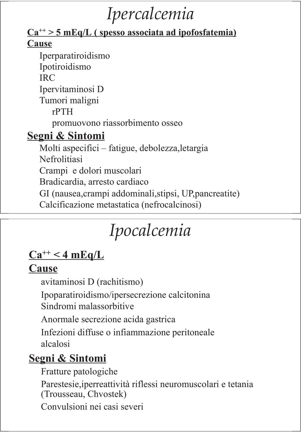 (nefrocalcinosi) Ipocalcemia Ca ++ <4mEq/L Cause avitaminosi D (rachitismo) Ipoparatiroidismo/ipersecrezione calcitonina Sindromi malassorbitive Anormale secrezione acida gastrica Infezioni