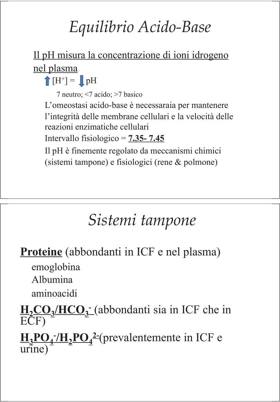 45 Il ph è finemente regolato da meccanismi chimici (sistemi tampone) e fisiologici (rene & polmone) Sistemi tampone Proteine (bb (abbondanti iin ICF e