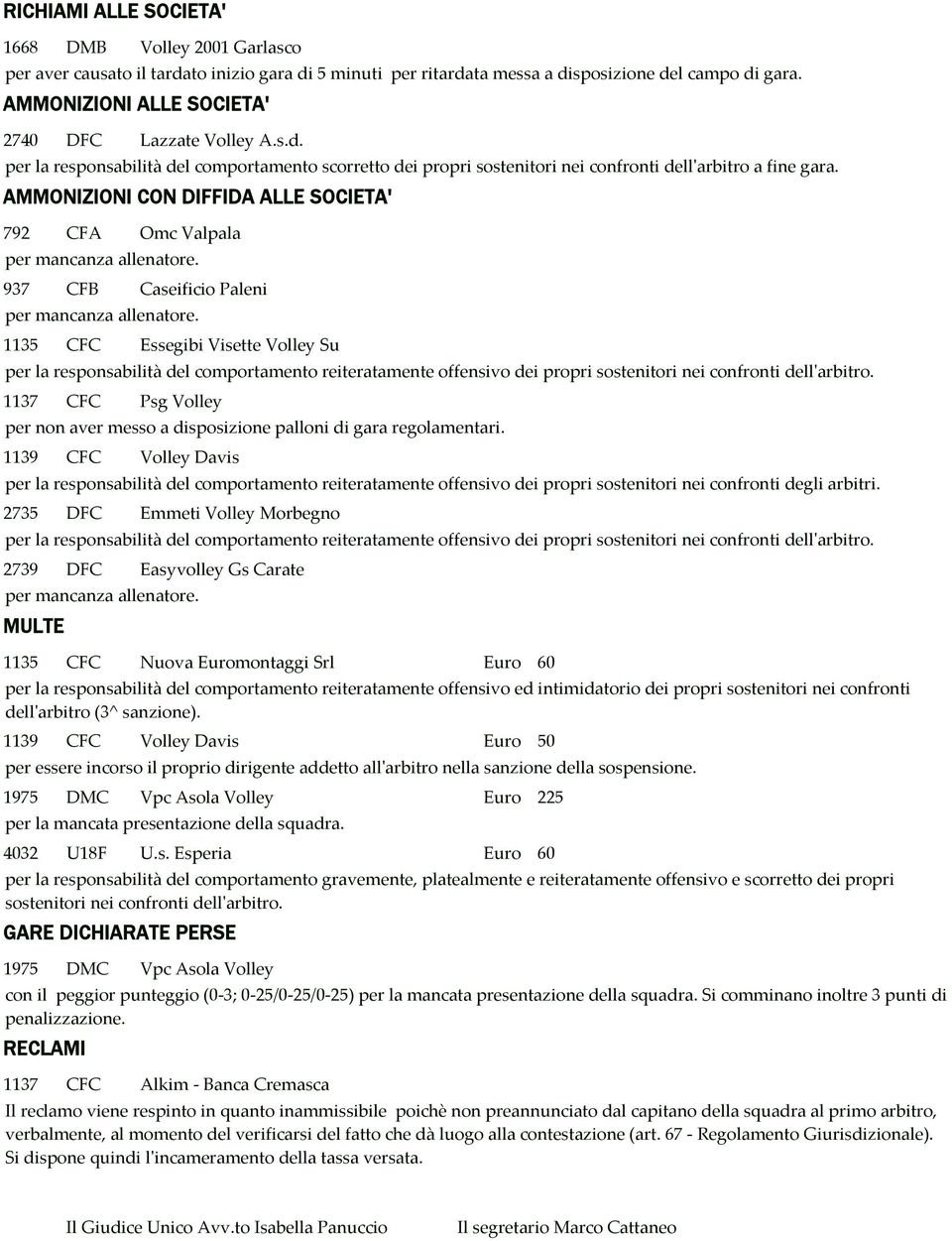 AMMONIZIONI CON DIFFIDA ALLE SOCIETA' 792 CFA Omc Valpala per mancanza allenatore. 937 CFB Caseificio Paleni per mancanza allenatore.