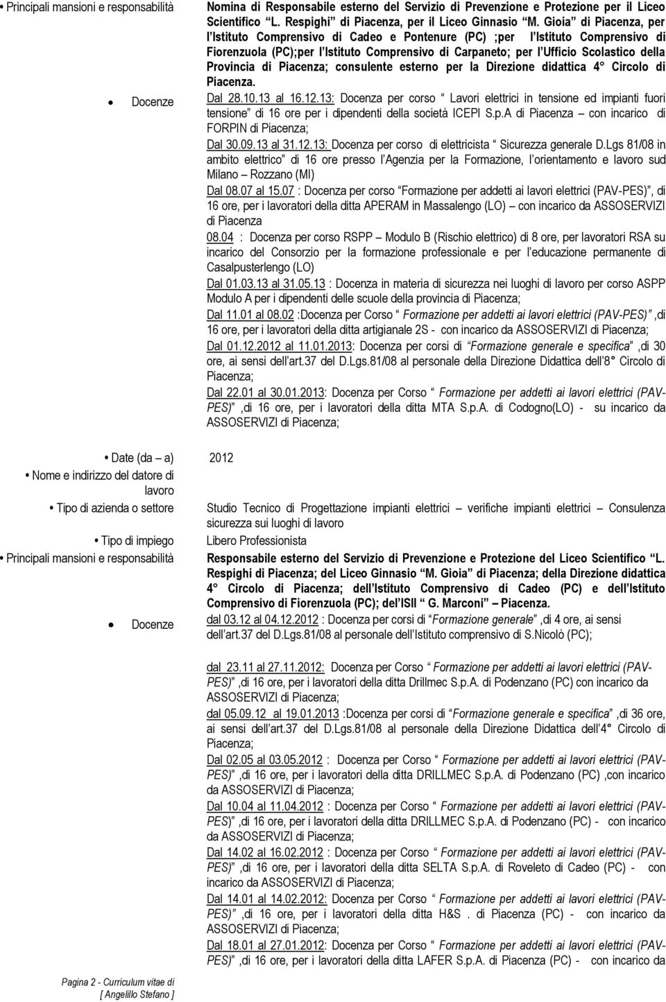 Provincia di Piacenza; consulente esterno per la Direzione didattica 4 Circolo di Piacenza. Dal 28.10.13 al 16.12.