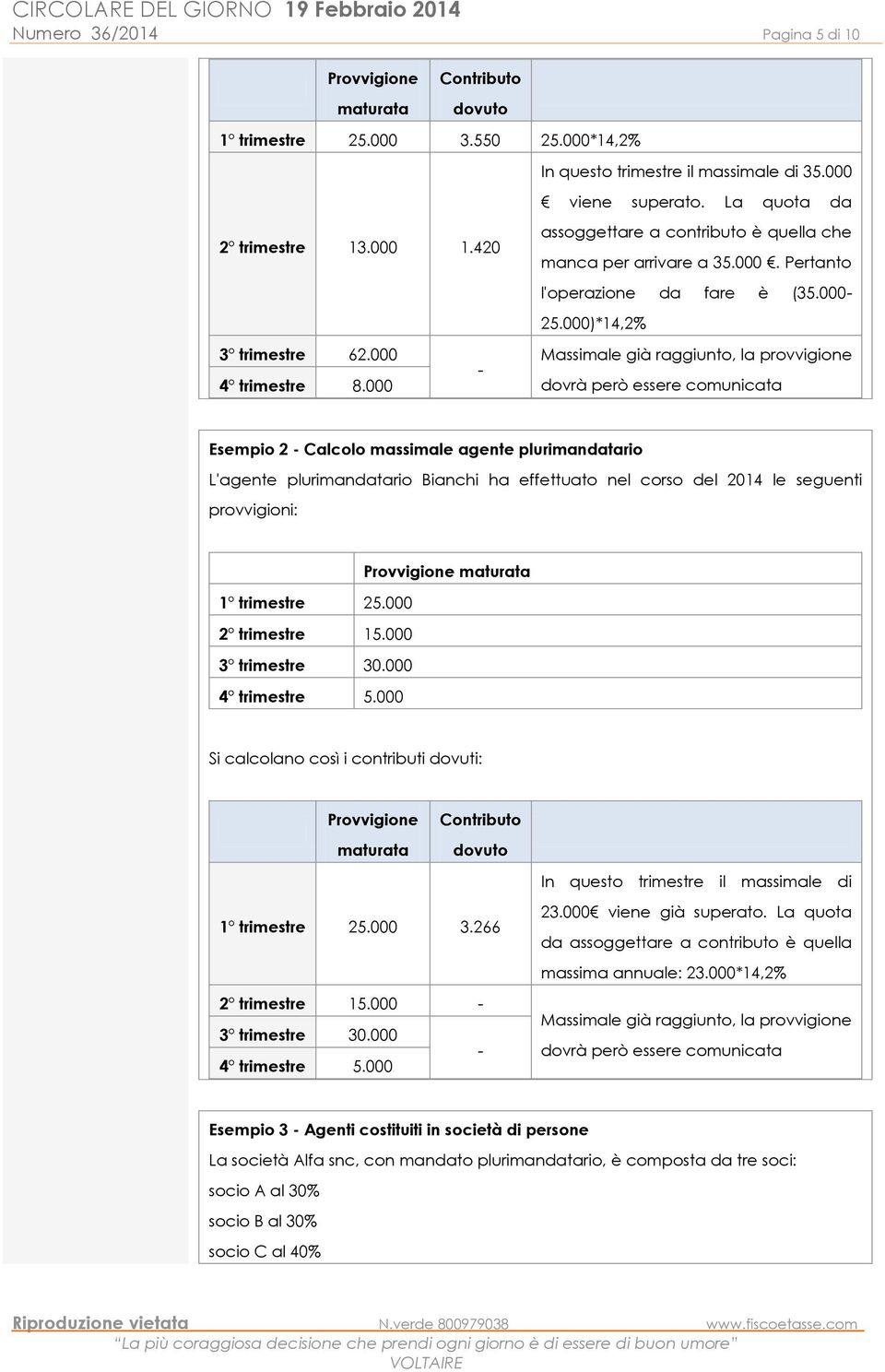 000)*14,2% Massimale già raggiunto, la provvigione dovrà però essere comunicata Esempio 2 - Calcolo massimale agente plurimandatario L'agente plurimandatario Bianchi ha effettuato nel corso del 2014