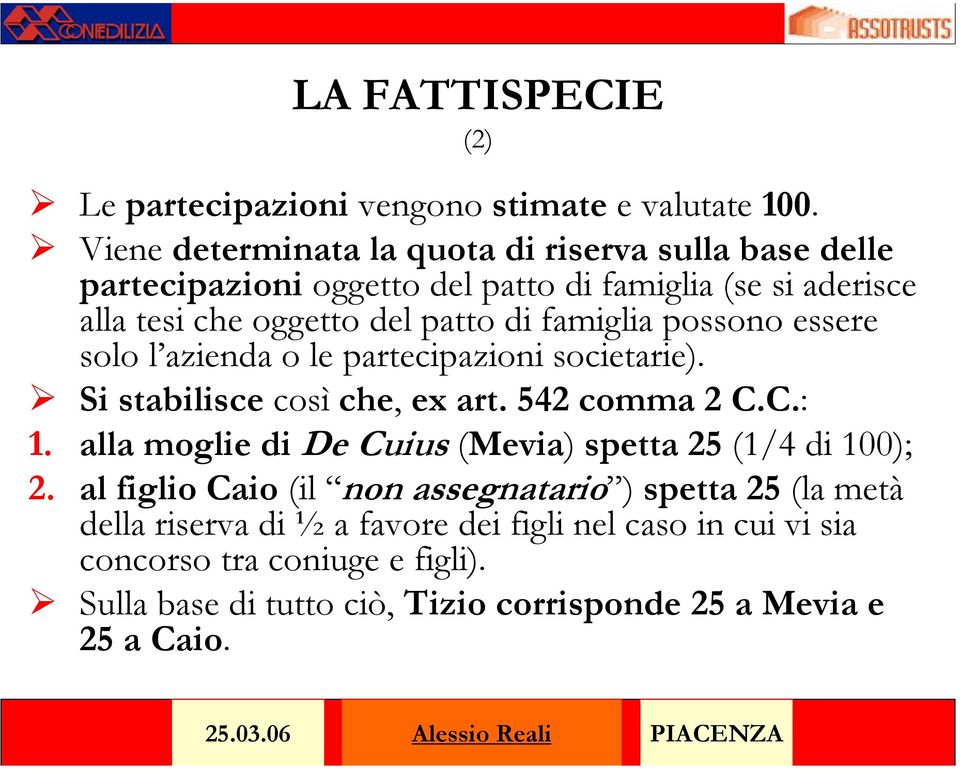 famiglia possono essere solo l azienda o le partecipazioni societarie). Si stabilisce così che, ex art. 542 comma 2 C.C.: 1.