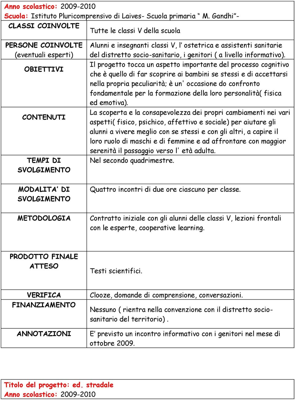 Il progetto tocca un aspetto importante del processo cognitivo che è quello di far scoprire ai bambini se stessi e di accettarsi nella propria peculiarità; è un' occasione do confronto fondamentale