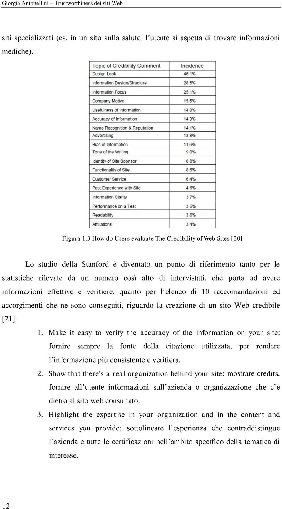 porta ad avere informazioni effettive e veritiere, quanto per l elenco di 10 raccomandazioni ed accorgimenti che ne sono conseguiti, riguardo la creazione di un sito Web credibile [21]: 1.