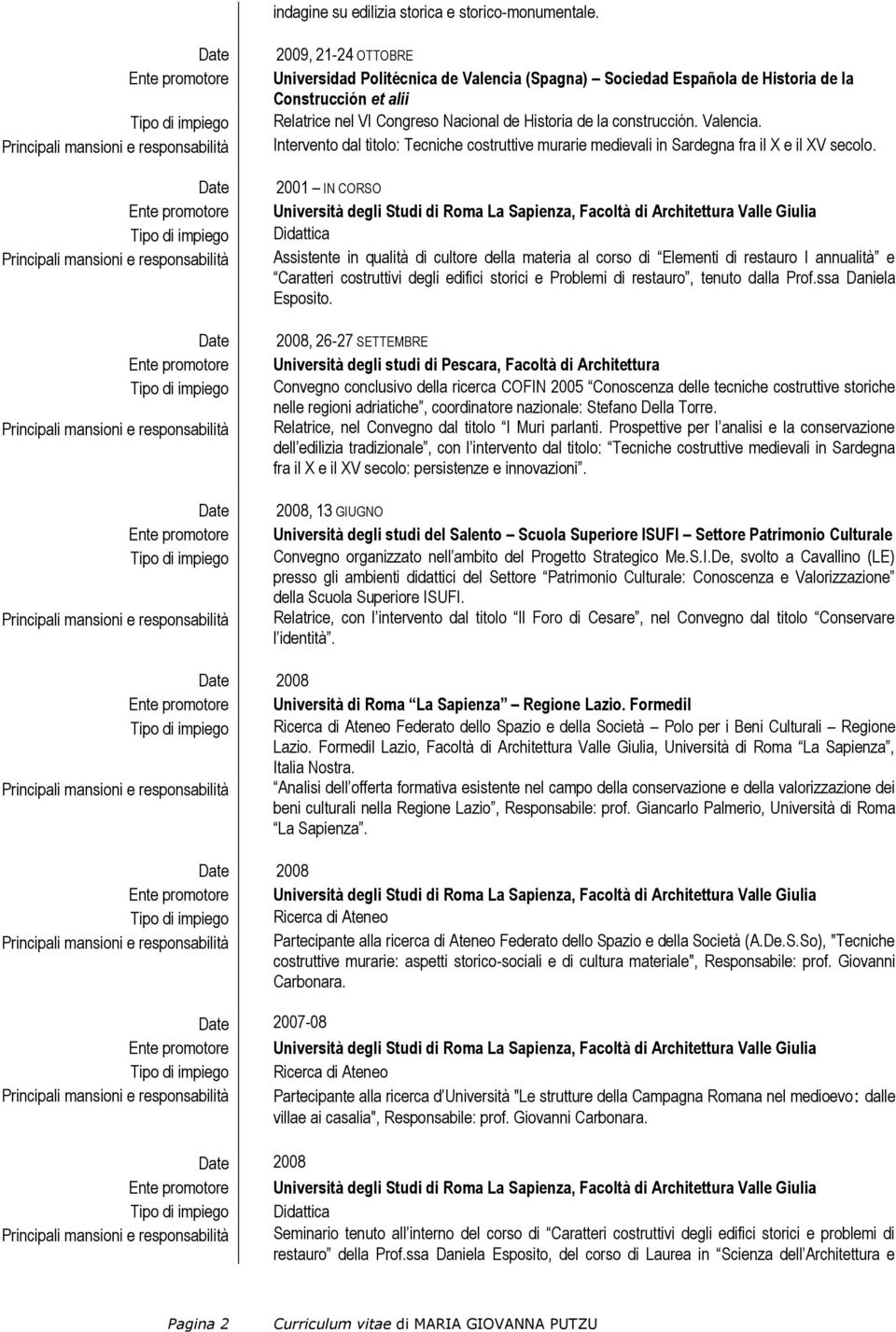 2001 IN CORSO Università degli Studi di Roma La Sapienza, Facoltà di Architettura Valle Giulia Didattica Assistente in qualità di cultore della materia al corso di Elementi di restauro I annualità e