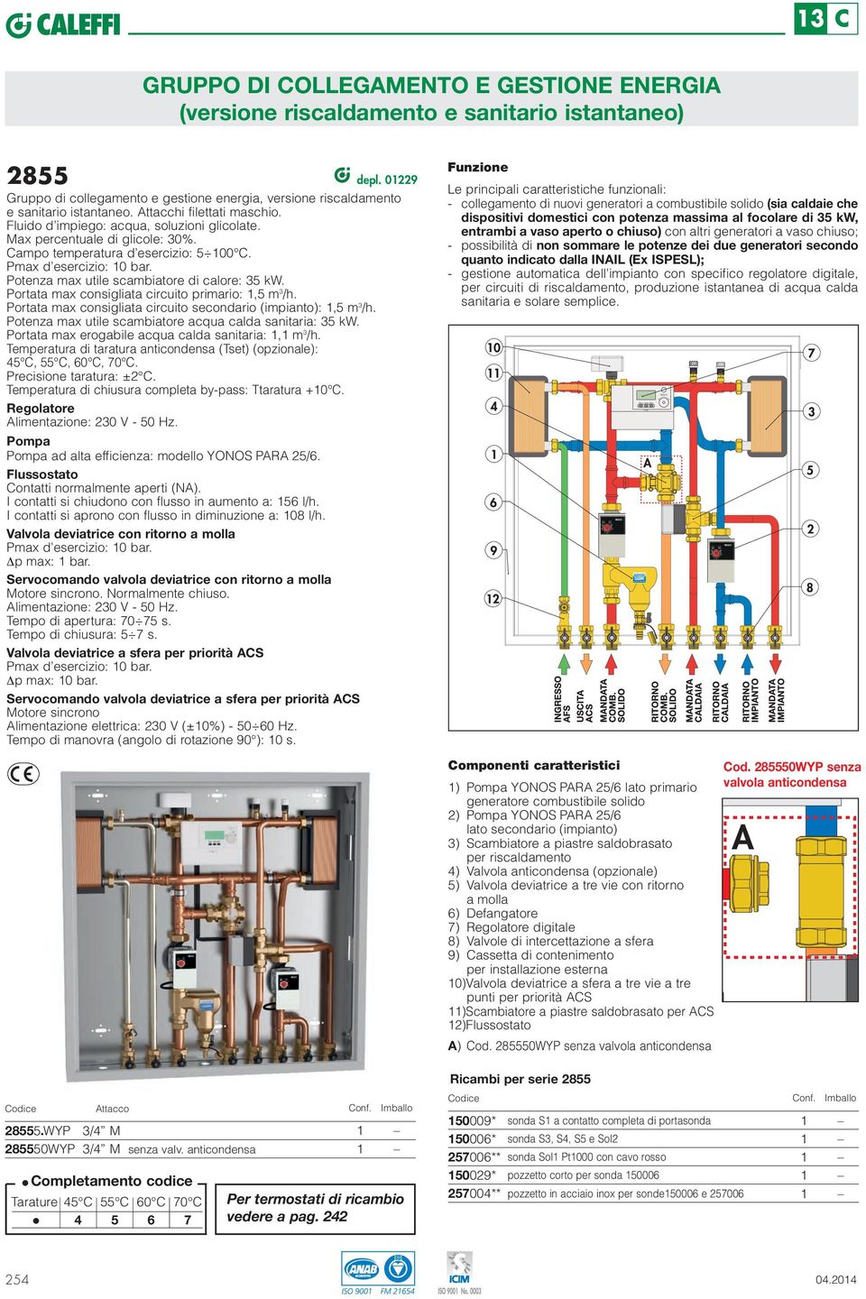 Potenza max utile scambiatore di calore: 35 kw. Portata max consigliata circuito primario:,5 m 3 /h. Portata max consigliata circuito secondario (impianto):,5 m 3 /h.