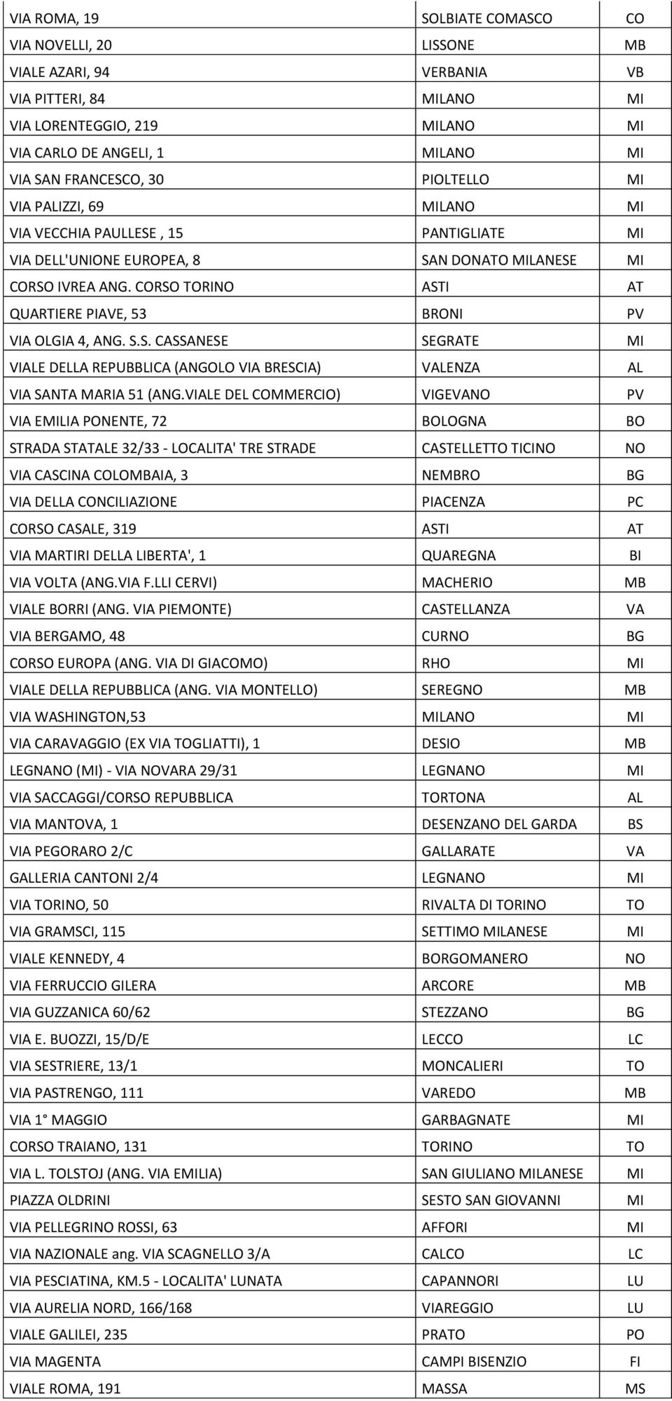 CORSO TORINO ASTI AT QUARTIERE PIAVE, 53 BRONI PV VIA OLGIA 4, ANG. S.S. CASSANESE SEGRATE MI VIALE DELLA REPUBBLICA (ANGOLO VIA BRESCIA) VALENZA AL VIA SANTA MARIA 51 (ANG.