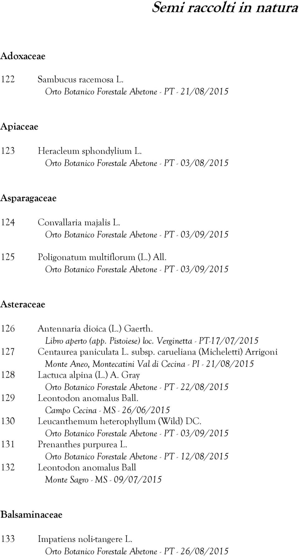 Pistoiese) loc. Verginetta - PT-17/07/2015 127 Centaurea paniculata L. subsp. carueliana (Micheletti) Arrigoni Monte Aneo, Montecatini Val di Cecina - PI - 21/08/2015 128 Lactuca alpina (L.) A. Gray Orto Botanico Forestale Abetone - PT - 22/08/2015 129 Leontodon anomalus Ball.