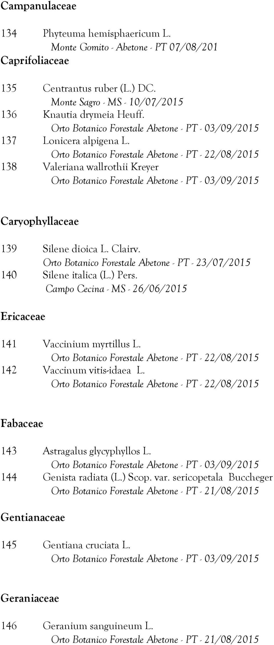 Orto Botanico Forestale Abetone - PT - 23/07/2015 140 Silene italica (L.) Pers. Campo Cecina - MS - 26/06/2015 Ericaceae 141 Vaccinium myrtillus L.