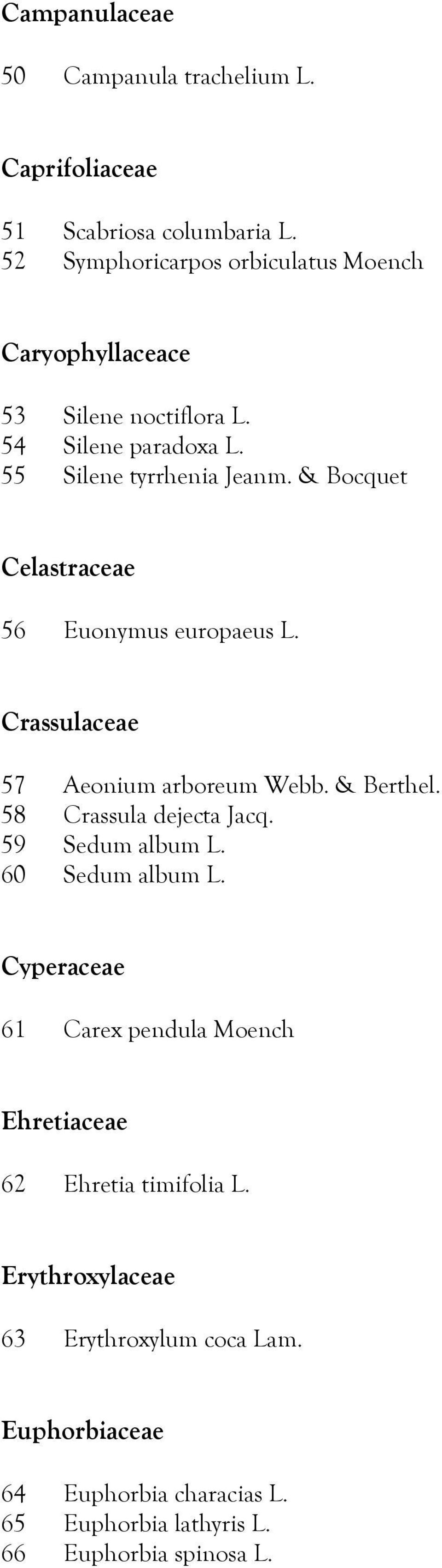 & Bocquet Celastraceae 56 Euonymus europaeus L. Crassulaceae 57 Aeonium arboreum Webb. & Berthel. 58 Crassula dejecta Jacq. 59 Sedum album L.