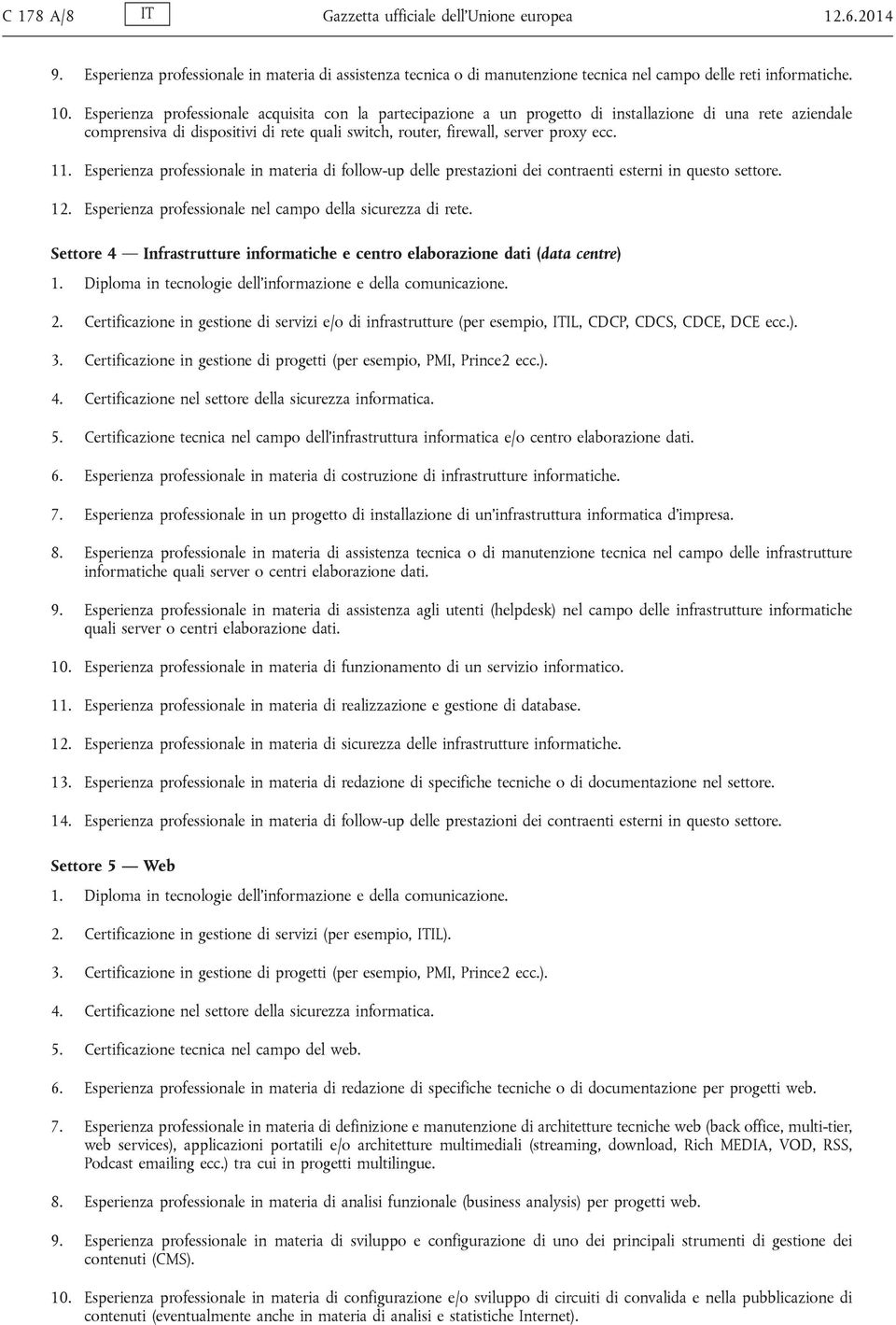 Esperienza professionale in materia di follow-up delle prestazioni dei contraenti esterni in questo settore. 12. Esperienza professionale nel campo della sicurezza di rete.