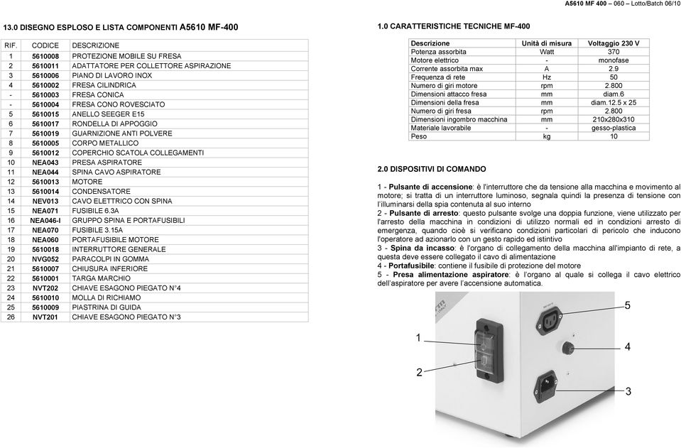 FRESA CONO ROVESCIATO 5 5610015 ANELLO SEEGER E15 6 5610017 RONDELLA DI APPOGGIO 7 5610019 GUARNIZIONE ANTI POLVERE 8 5610005 CORPO METALLICO 9 5610012 COPERCHIO SCATOLA COLLEGAMENTI 10 NEA043 PRESA