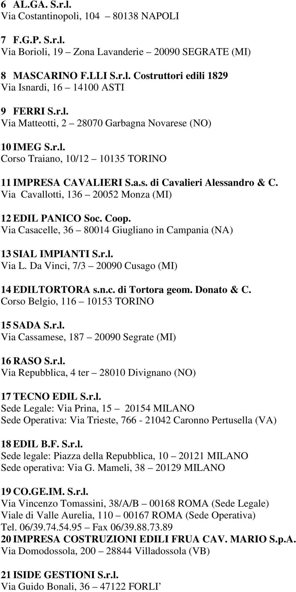 Via Cavallotti, 136 20052 Monza (MI) 12 EDIL PANICO Soc. Coop. Via Casacelle, 36 80014 Giugliano in Campania (NA) 13 SIAL IMPIANTI S.r.l. Via L. Da Vinci, 7/3 20090 Cusago (MI) 14 EDILTORTORA s.n.c. di Tortora geom.