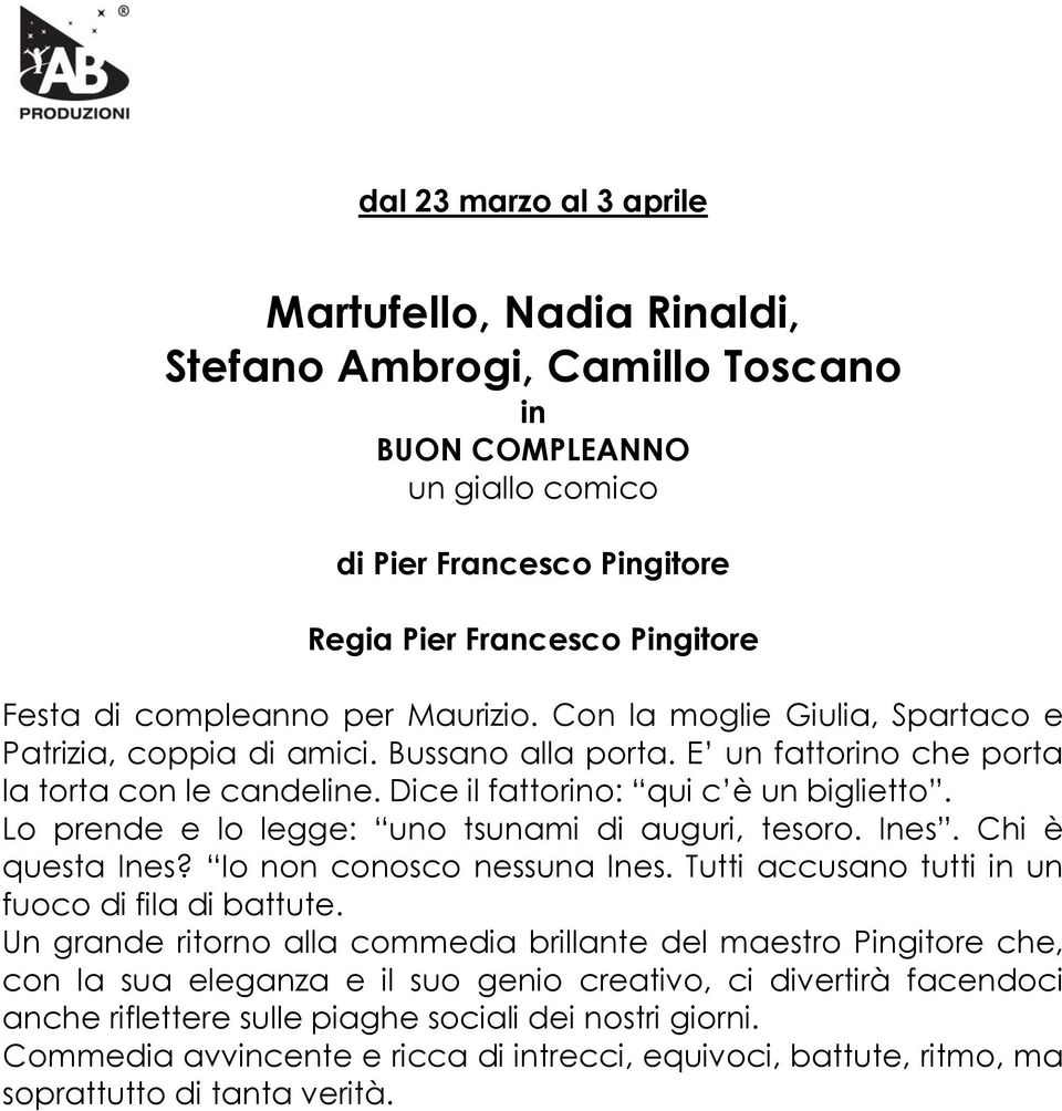 Lo prende e lo legge: uno tsunami di auguri, tesoro. Ines. Chi è questa Ines? Io non conosco nessuna Ines. Tutti accusano tutti un fuoco di fila di battute.