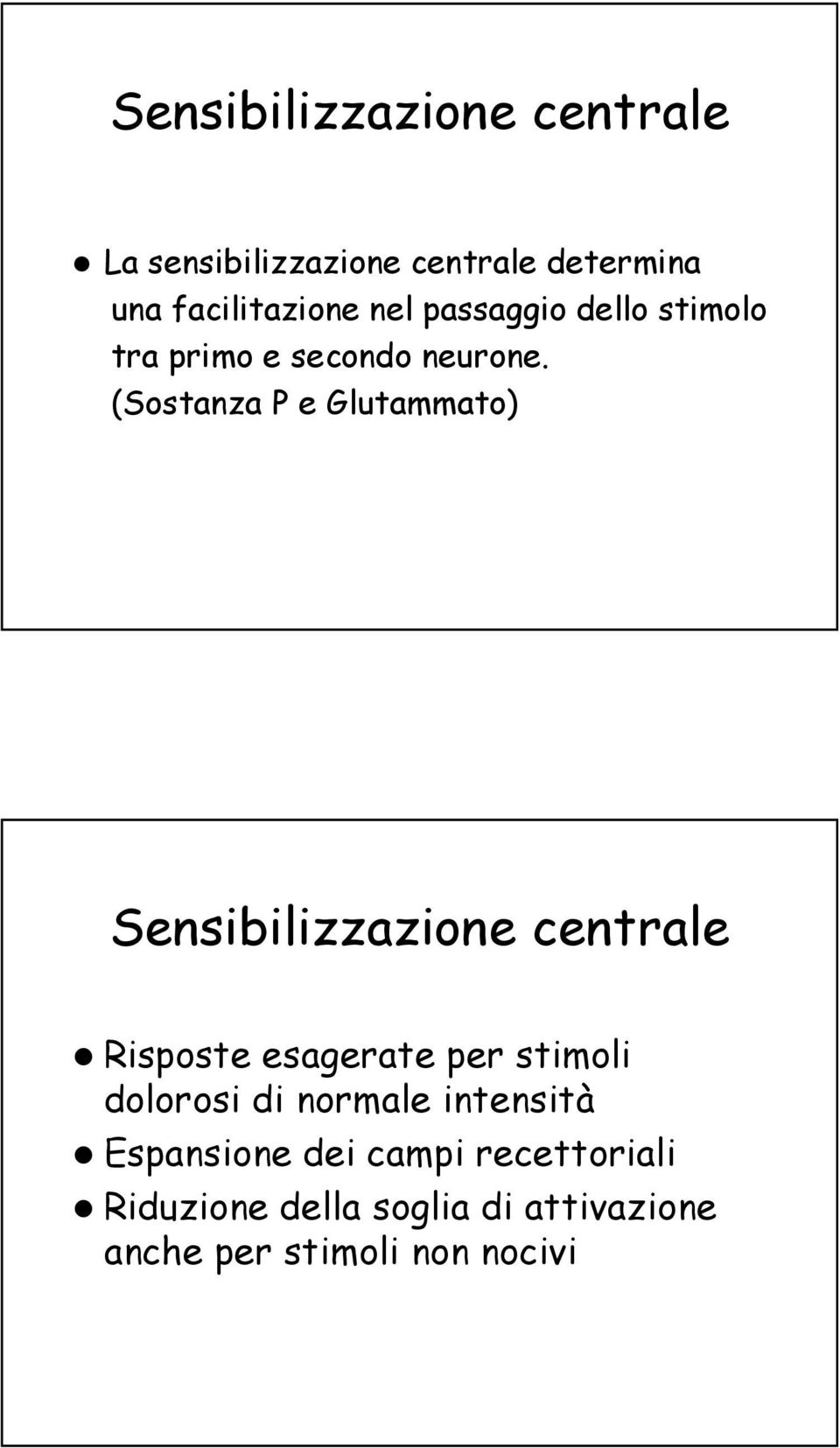 (Sostanza P e Glutammato) Sensibilizzazione centrale Risposte esagerate per stimoli